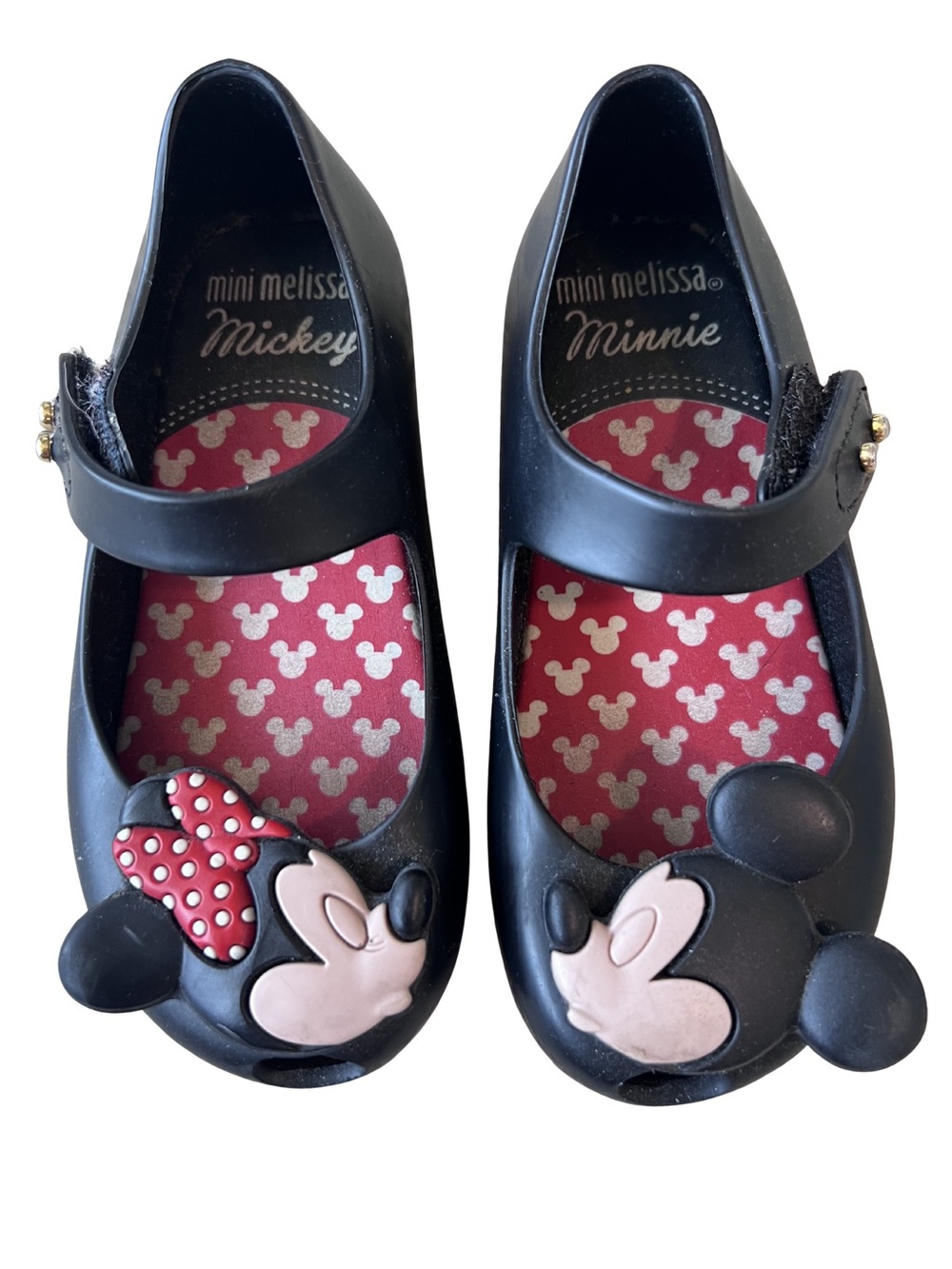 Mini Melissa Black Girls' Mickey & Minnie Mary Jane Shoes with Red Insole